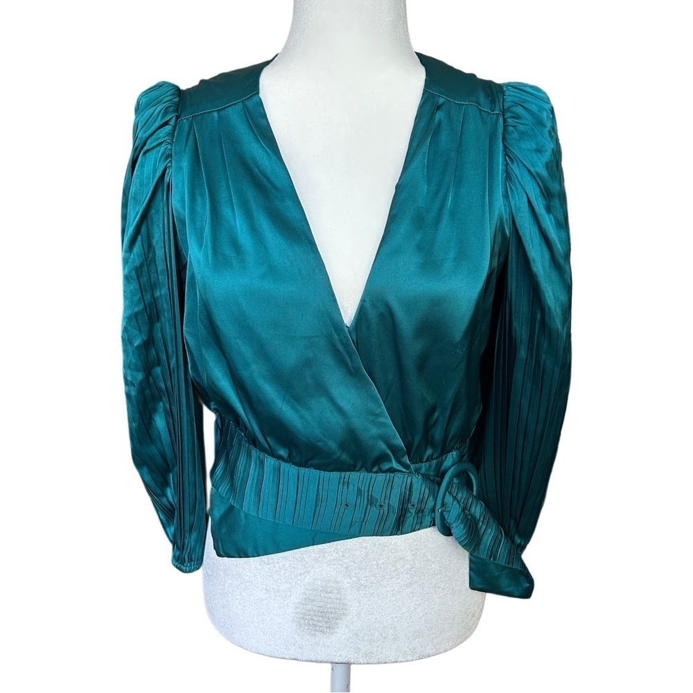 DO+BE Teal Blue Satin Wrap Belted Blouse Size Medium
